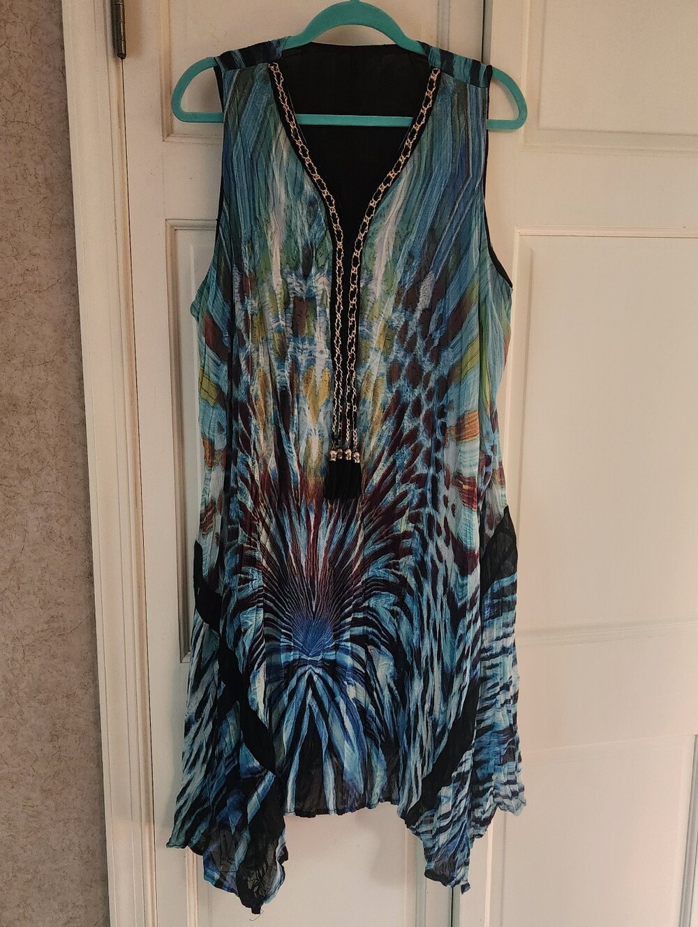 V-Neck Blue Tie-Dye Asymmetrical Handkerchief Hem Dress - Picture 2 of 4